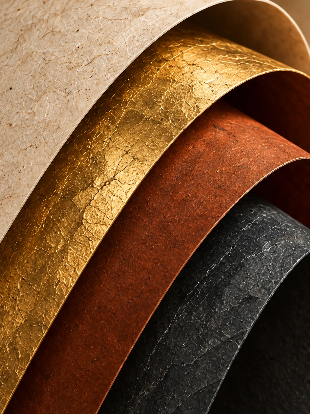 Curved sheets of textured paper in cream, gold leaf, rust and black, layered one above the other
