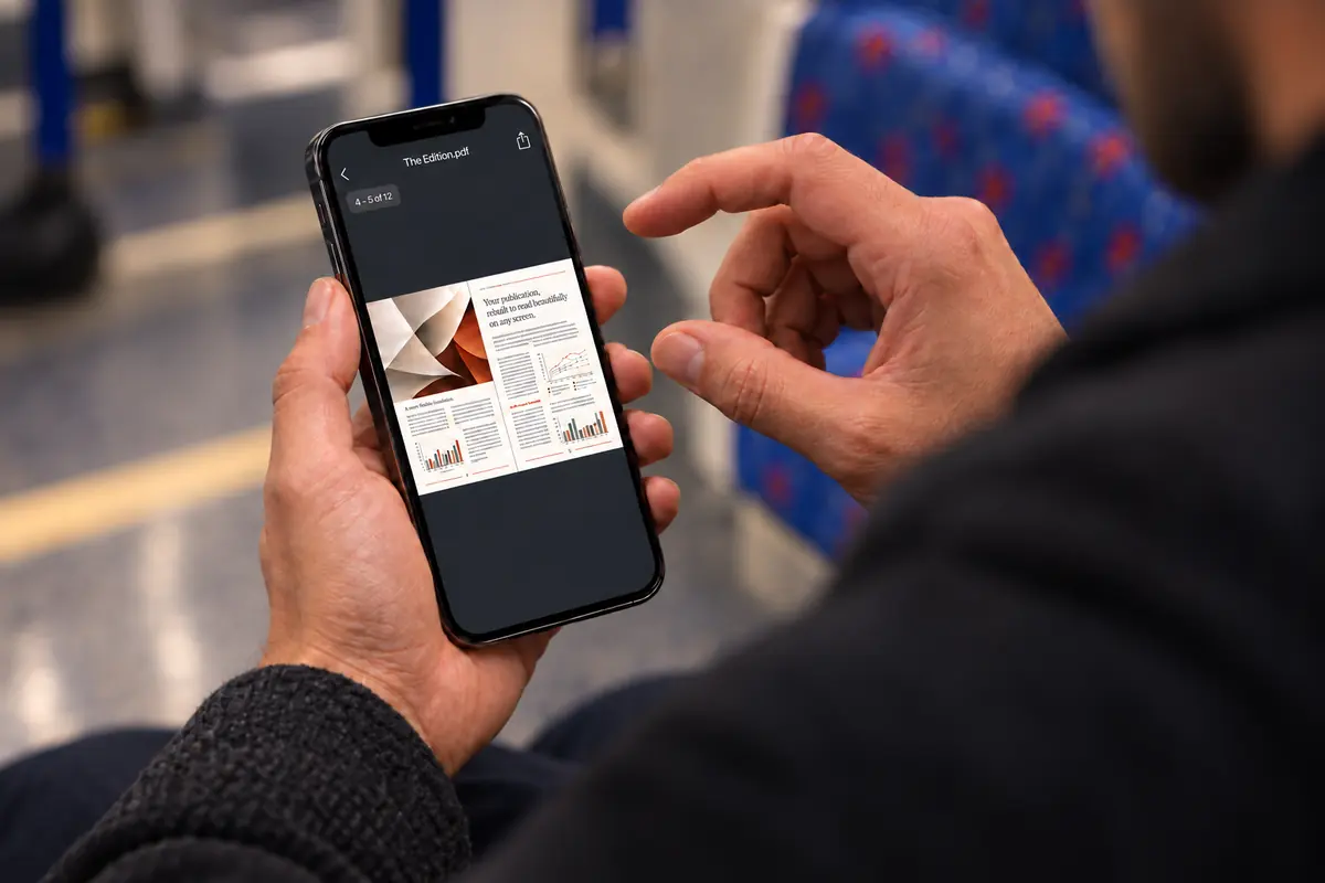 A commuter on a train holding a phone with a magazine spread open as a PDF. The pages are far too small to read, and his other hand is poised to pinch and zoom.